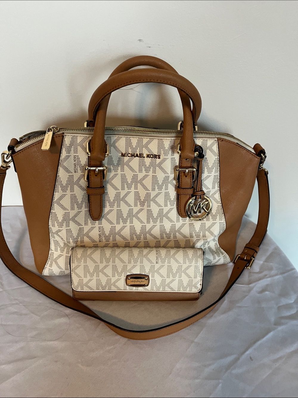 Michael Kors Vanilla Signature Satchel with Brown Trim and Wallet